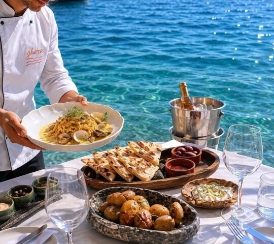 Qhera Santorini — Private Boat Transfer & Seafront Seafood Dining in Thirassia